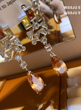 橙色水晶水滴垂坠耳环饰品小众个性镶钻复古时髦简约几何银针气质