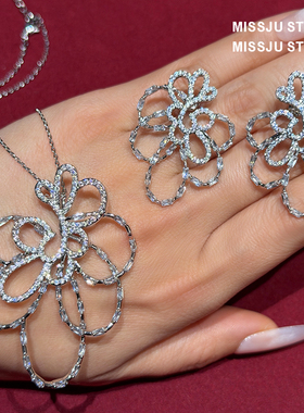 小众镂空大版镂空花型花朵耳环项链套装清冷高级氛围感搭超美名媛