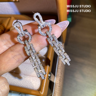 李冰冰万茜同款几何锁链耳环气质ins风超闪冷淡简约链条满钻时尚