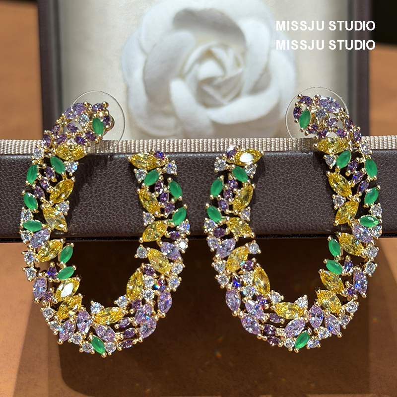 时髦~彩色镶钻轻奢独特新款满钻U型复古欧美气质时尚耳环奢华彩钻