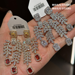 时髦森系橄榄枝镶钻耳环树枝叶子气质树叶长款橄榄叶网红晚礼服潮