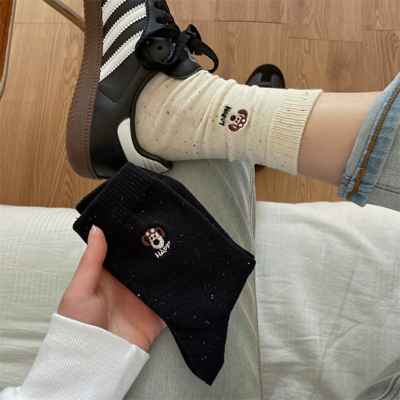 点子纱春夏ins刺绣狗狗可爱袜子女百搭卡通中筒袜纯色学院风潮袜