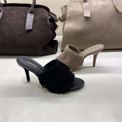 Arezzo巴西专柜正品代购2025年夏季新款牛皮麂皮流苏高跟穆勒凉拖