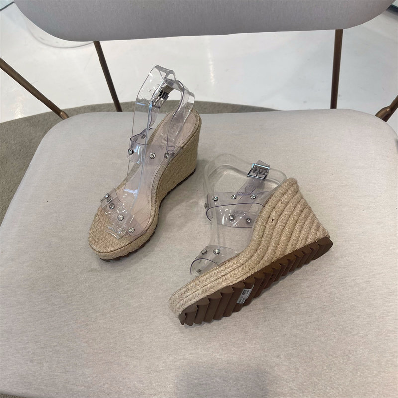 断码特价Schutz巴西专柜正品代购夏新款裸色透明PVC水钻坡跟凉鞋