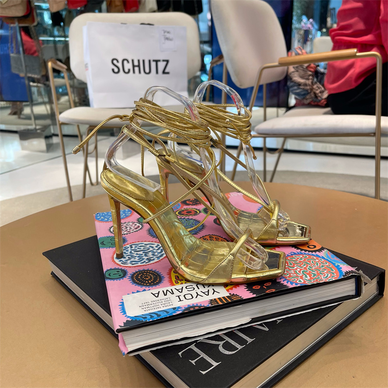 Schutz巴西专柜正品代购夏新款金色牛皮性感绑带绝美高跟鞋