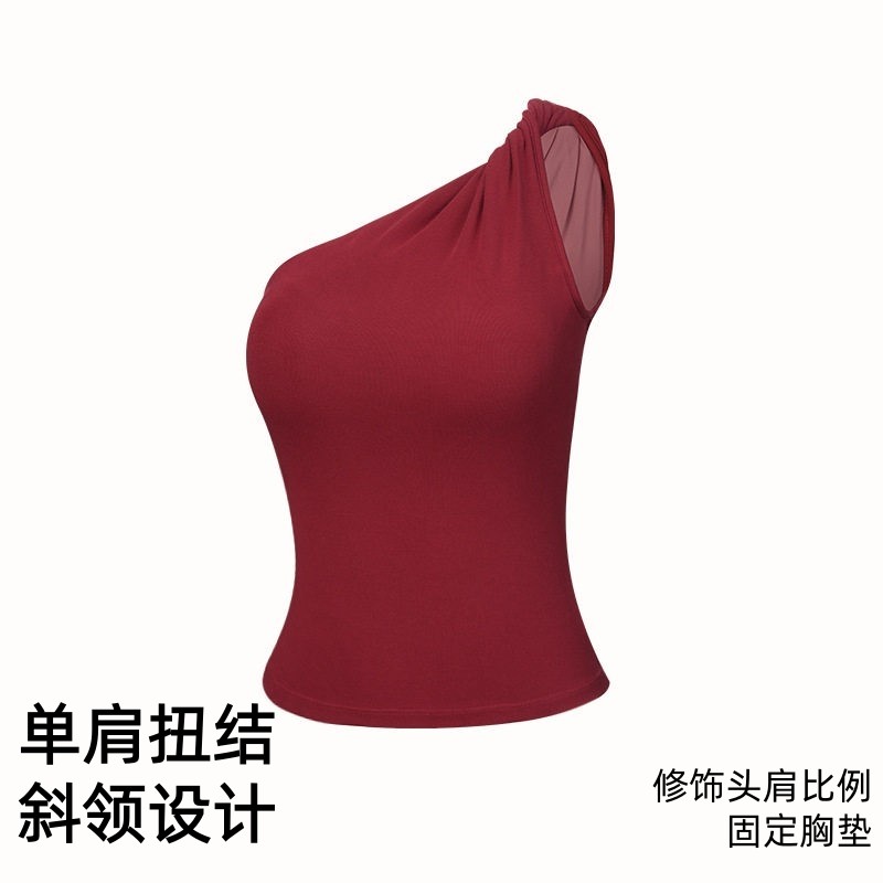 2026春夏新款带杯垫一体式单肩扭结斜领气质大方户外运动休闲背心,运动/瑜伽/健身/球迷用品,瑜伽背心,淘宝优惠券,粉丝福利购,淘宝优惠卷