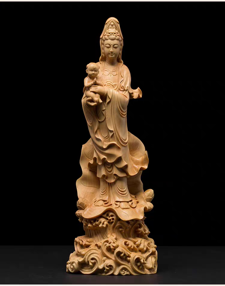 黄杨木雕 精品实木家居风水雕刻工艺品人物佛像摆件送子观音菩萨