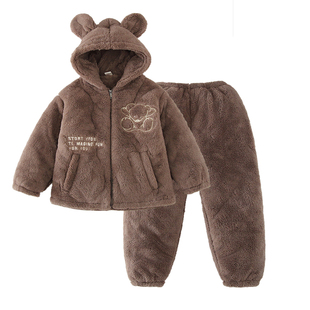 亲子珊瑚绒睡衣冬季女款一家三口三层夹棉加厚加绒男孩家居服套装