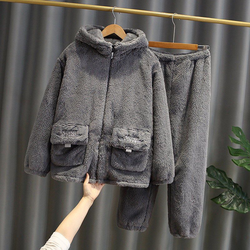 睡衣秋冬款加绒加厚珊瑚绒保暖亲子家居服冬天休闲连帽套装男女装