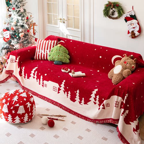一片式新年圣诞红色喜庆沙发盖布