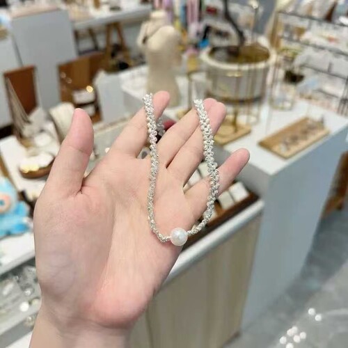 S925纯银极光碎银子珍珠项链女轻奢小众高级设计感锁骨链项圈颈链