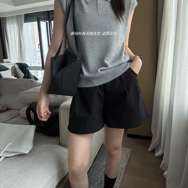 冰丝针织衫女夏翻领无袖贝壳扣装饰Polo领薄款透气凉感设计感上衣