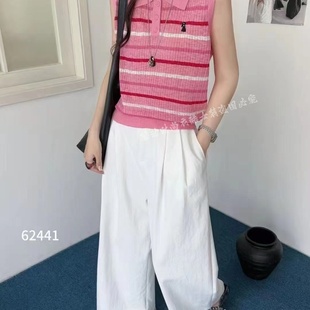 女显瘦无袖 欧洲站2025夏季 翻领粉红条纹针织衫 新款 背心上衣潮 时尚
