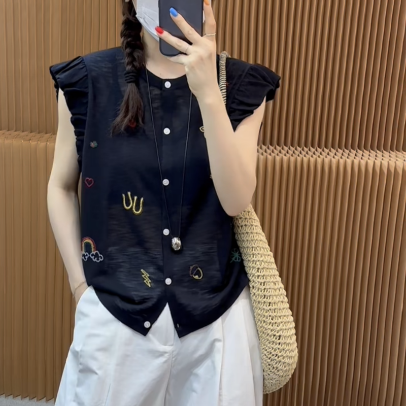 欧洲站2025年夏季新款时尚刺绣卡通冰丝针织开衫女花边袖洋气上衣