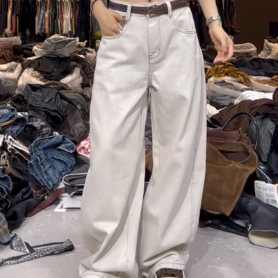 米白色牛仔直筒长裤女韩版显瘦