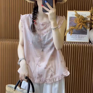 新款 碎花后单排扣背心衬衫 欧洲站2025夏季 时尚 女花边圆领无袖 小衫