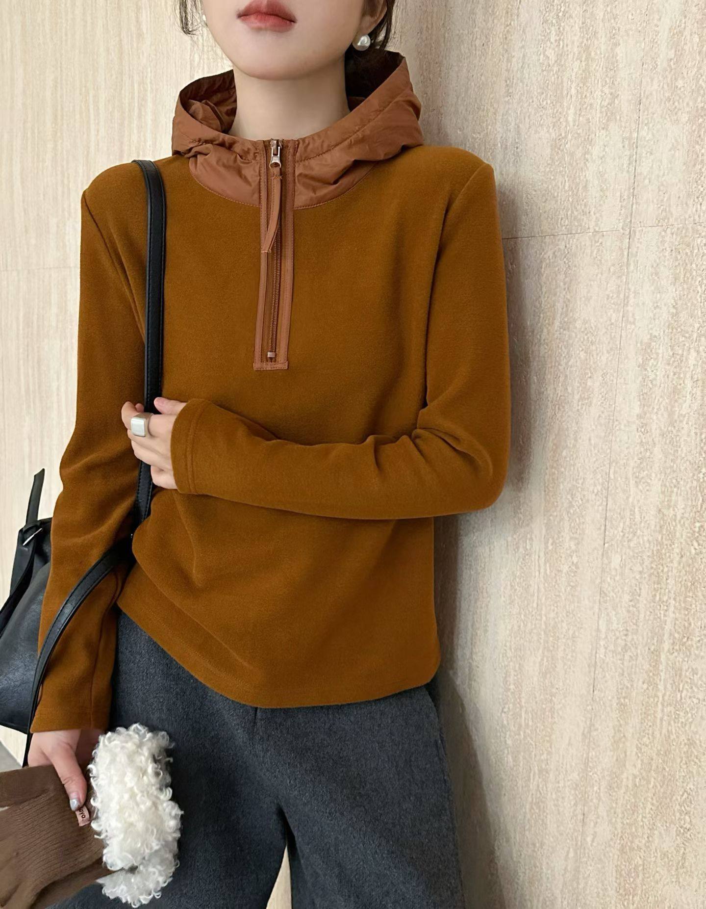 秋冬韩系双面绒半拉链连帽卫衣女宽松慵懒风杏色加绒套头外穿上衣