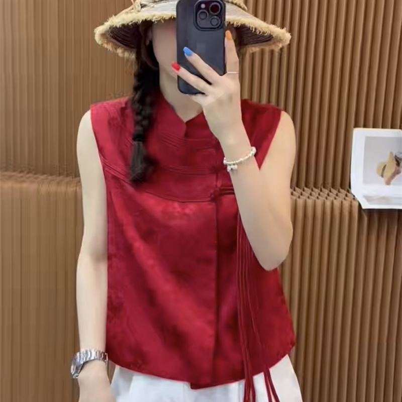 欧洲站2025年夏季新款时尚新中式国风绸缎马甲女立领无袖碎花背心