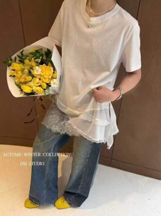 欧洲站2026年春装新款时尚圆领下摆蕾丝拼接T恤女韩版短袖上衣潮