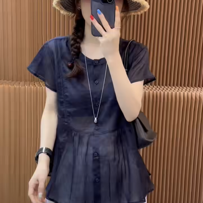 欧洲站2025年夏季新款时尚收腰麻料娃娃衫女圆领短袖减龄显瘦上衣