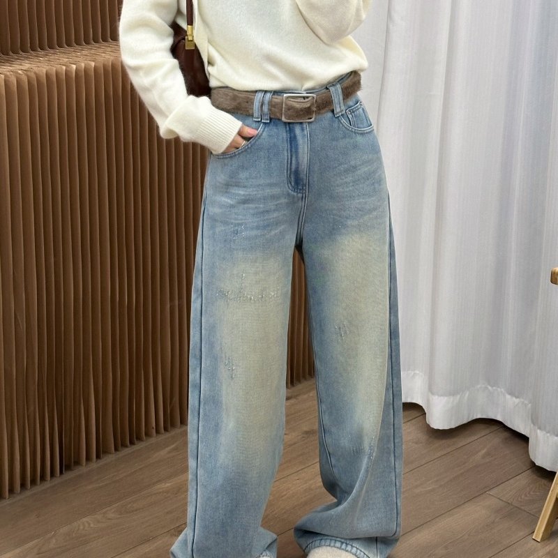 欧洲站2025年冬季新款时尚烫钻磨破水洗加绒加厚保暖牛仔直筒裤女