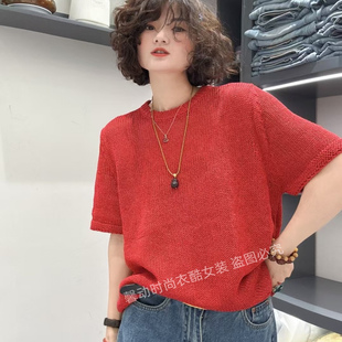 女圆领短袖 欧洲站2025年春装 红色宽松和纸纱针织衫 新款 上衣潮 时尚