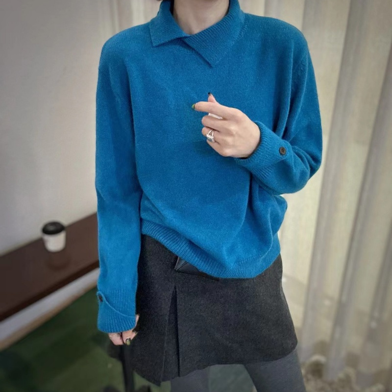 设计感翻领袖卷边羊毛针织衫女欧洲站2025年冬季新款洋气保暖毛衣