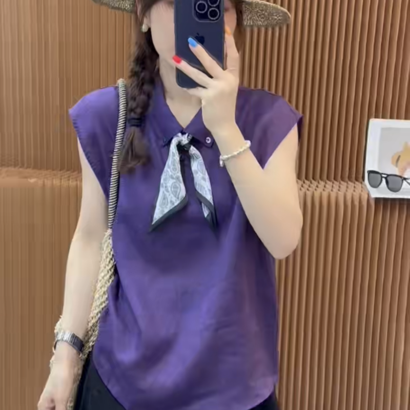 欧洲站2025年夏季新款时尚洋气丝巾翻领盖肩袖麻料衬衫女气质小衫