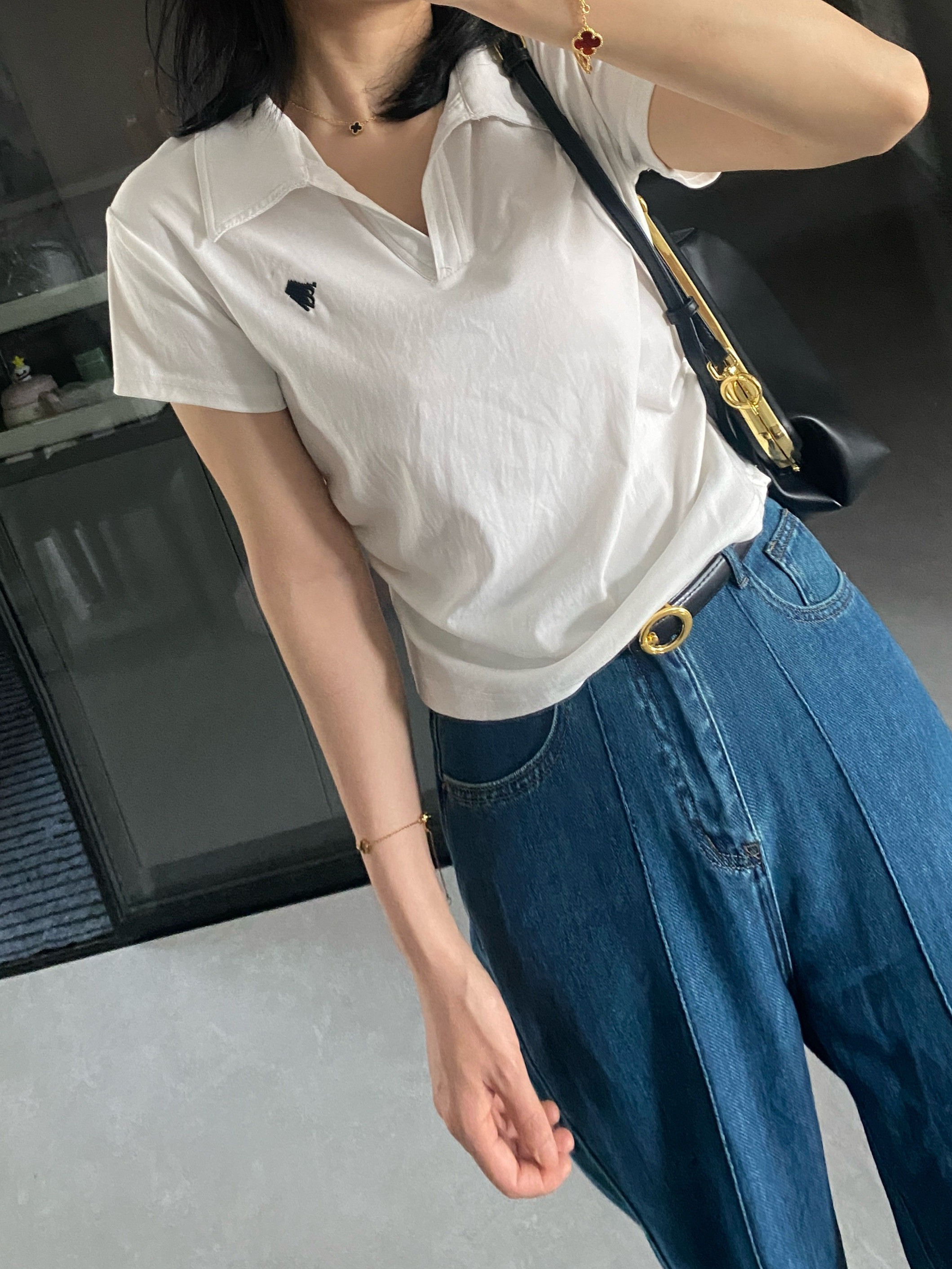 馨动时尚衣酷 法式翻领Polo衫女夏 短袖正肩刺绣T恤 高级通勤上衣