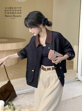 2025秋装新款休闲牛仔拼接鹿皮短外套显瘦宽松版小个子超爱款