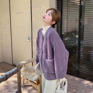 皮毛一体宽松休闲保暖毛绒上衣 大口袋羊羔毛外套女2024年秋冬新款