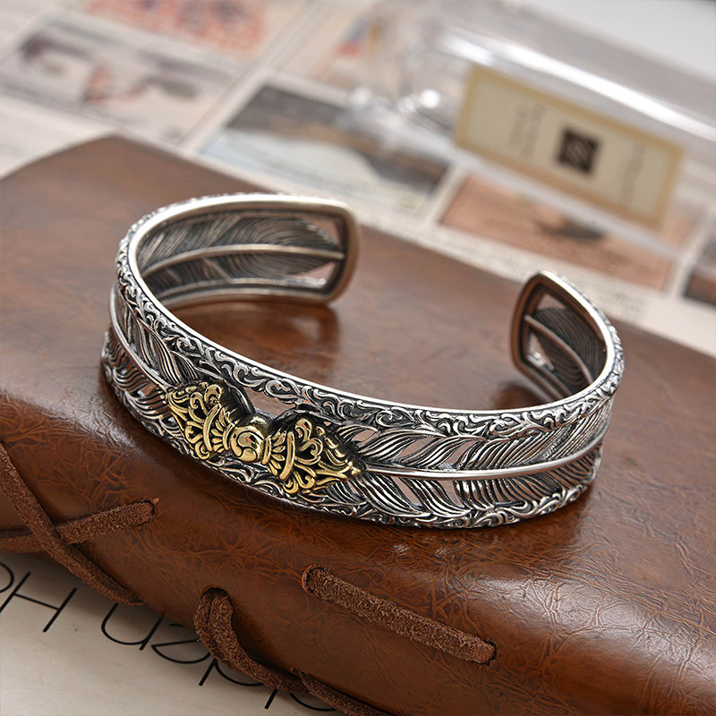 小众复古金刚杵手环男士宽版开口款唐草纹纯银手镯男潮高级感手饰