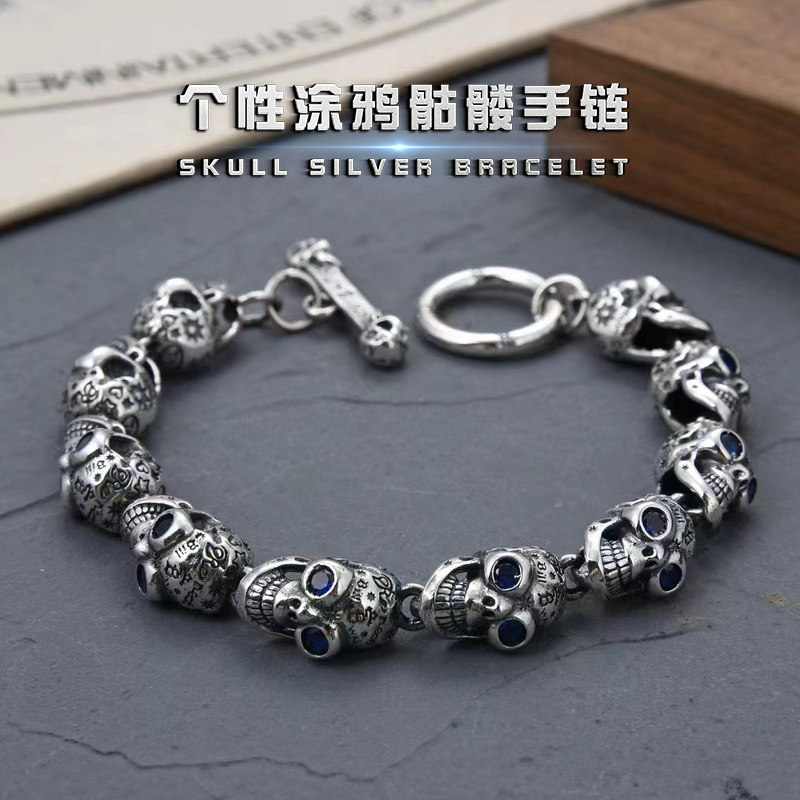 s925银个性涂鸦骷髅头纯银手链男款朋克摇滚潮流复古银饰送男友