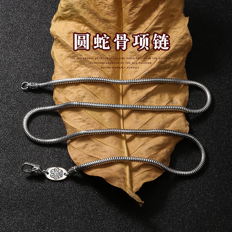 金刚杵弹扣圆蛇骨项链纯银男士百搭配链韩版潮男个性复古银链子