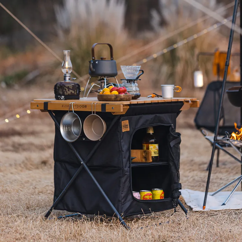 户外可折叠储物柜多功能实木桌面柜野外露营便携式大容量两用桌柜