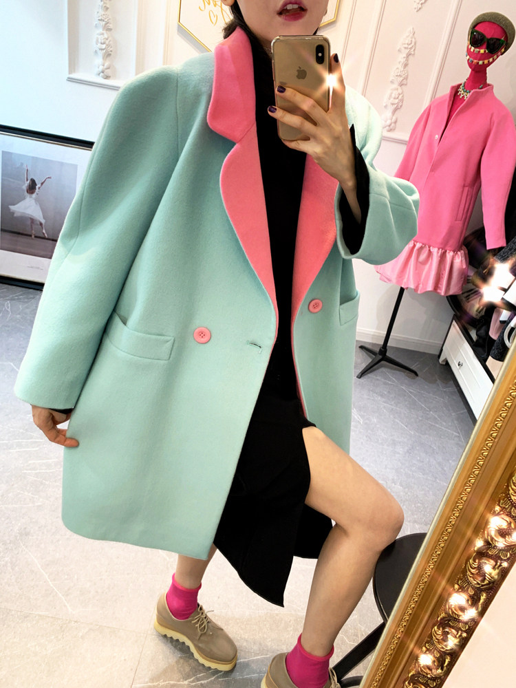 娃娃领拼色粉绿羊毛毛呢外套宽松oversize短大衣法式女韩版拼接