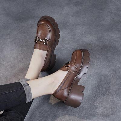 厚底小皮鞋女2024年新款单鞋英伦风女鞋一脚蹬小个子增高乐福鞋子