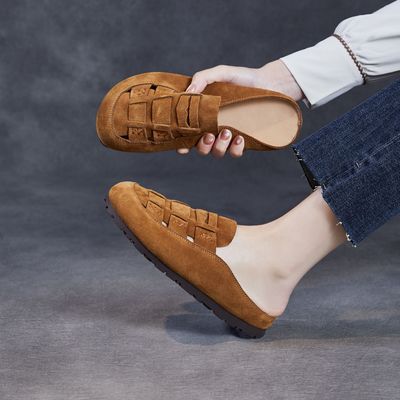2025春夏新款平底真牛皮勃肯鞋女罗马凉拖鞋包头透气编织外穿拖鞋