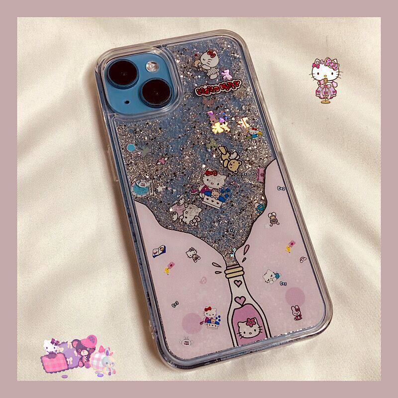 日韩卡通可爱流沙水瓶kt猫适用苹果15promax手机壳iPhone14新款13/12/11