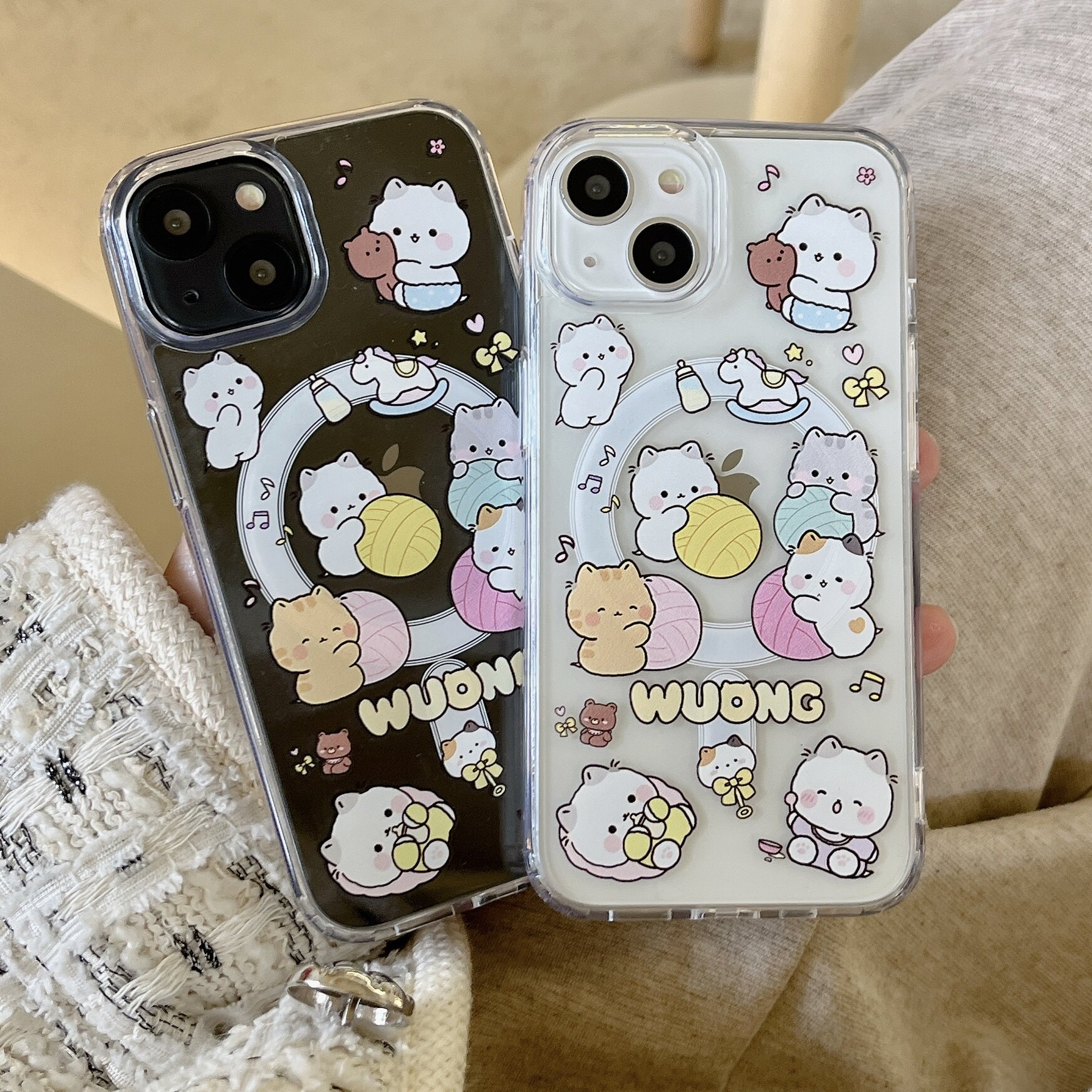 可爱磁吸透明毛线球猫咪适用苹果15promax手机壳iphone14女款15pro新款13卡通创意爆12软边硬壳pro防摔