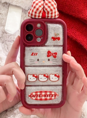 红色卡通可爱kitty猫立体蝴蝶结适用苹果15手机壳iphone14promax新款羽绒服12女13pro防摔软壳15pro手机套