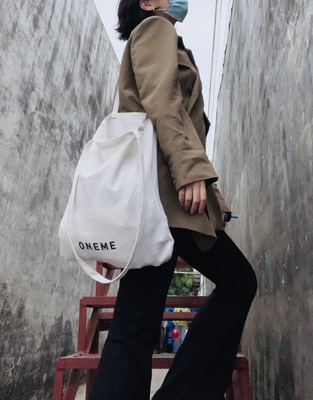 周A家Oneme纯棉布单肩学院风可折叠超市休闲简约设计环保购物袋