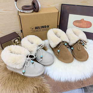2025时尚 女雪地绒毛靴加厚保暖防滑橡胶底头层牛皮短筒雪地靴 新款