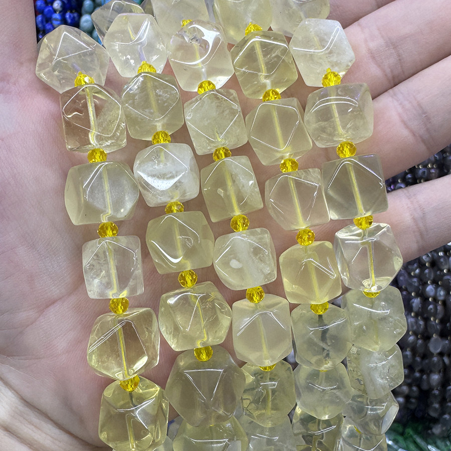 天然柠檬晶散珠方糖切面黄水晶原石手链项链DIY半成品手串珠饰品