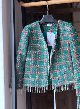 小香风亲子装毛呢短外套 重工流苏春秋款上衣 140-L绿色格子母女