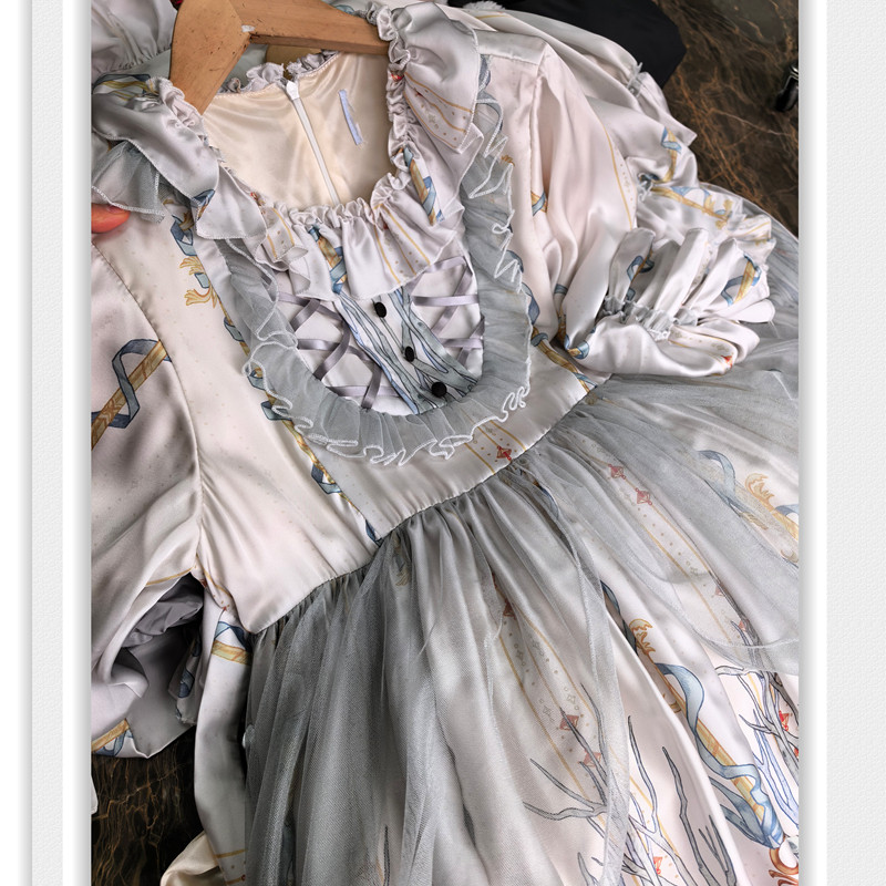 缎面版/洛丽塔连衣裙 重工层叠边高腰系带蓬蓬可爱少女甜美中长款