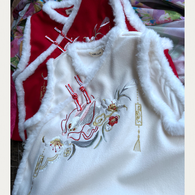 全开襟毛边旗袍马甲马夹