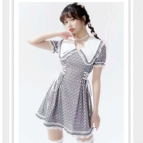 格子甜美少女短袖蕾丝清仓连衣裙