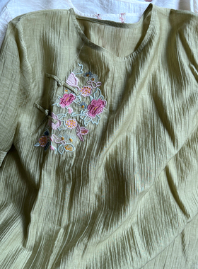 孤品天丝绿色舒适上衣T恤 绣花甜美短袖新中式改良实拍