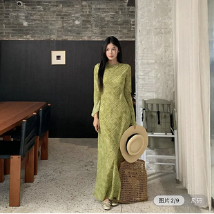 拖地轻薄 飘逸绝美森系旅行秋季 绿色水波纹雪纺乔其连衣裙 喇叭袖
